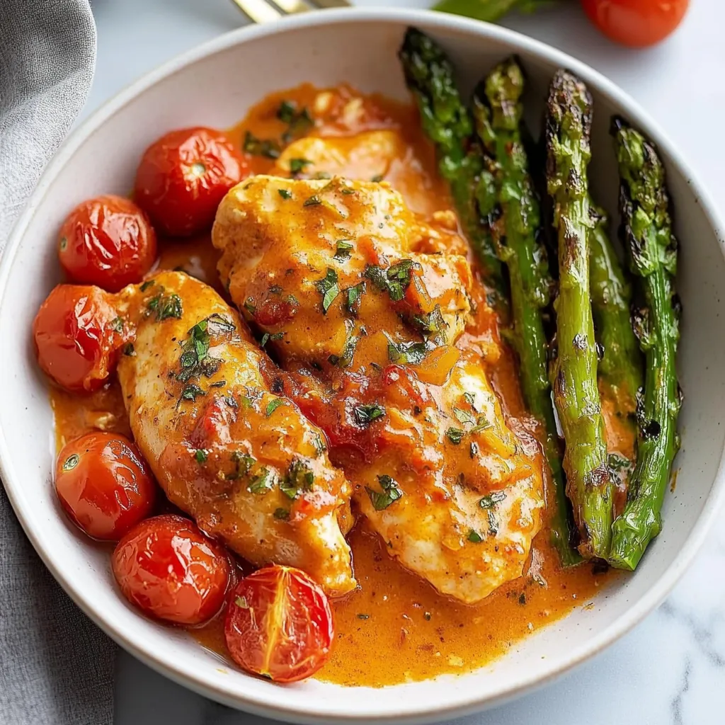 A bowl of food with chicken, tomatoes, and asparagus.