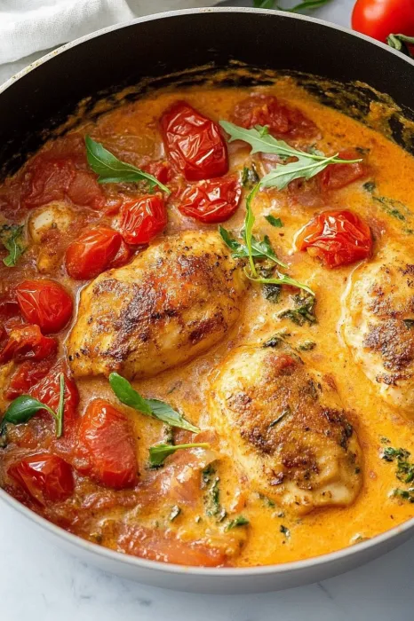 A bowl of food with chicken and tomatoes.