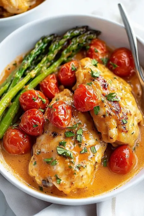 A bowl of food with chicken, tomatoes, and asparagus.
