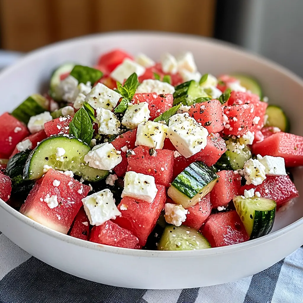 A bowl of fruit salad with watermelon, cucumber, and feta cheese.