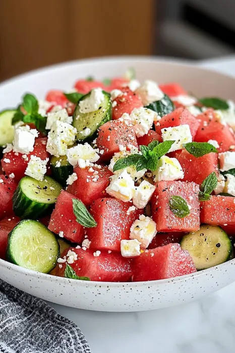 A bowl of watermelon and cucumber salad.