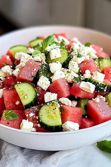 A bowl of fruit salad with cucumbers, watermelon, and feta cheese.