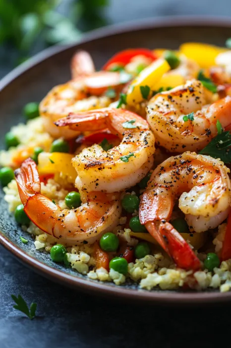 A bowl of shrimp and peas.