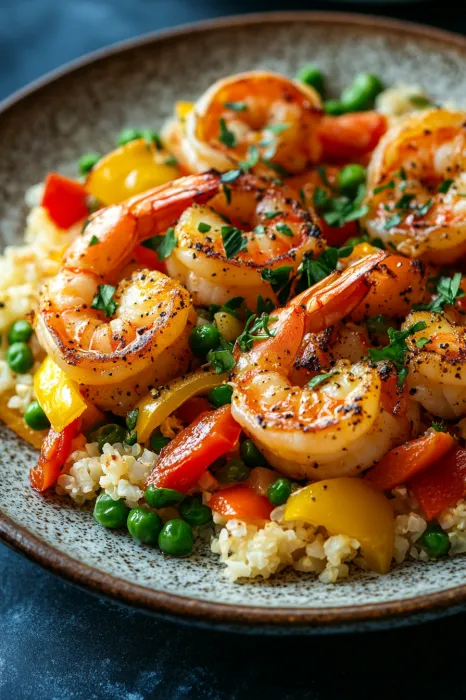 A plate of shrimp and vegetables.
