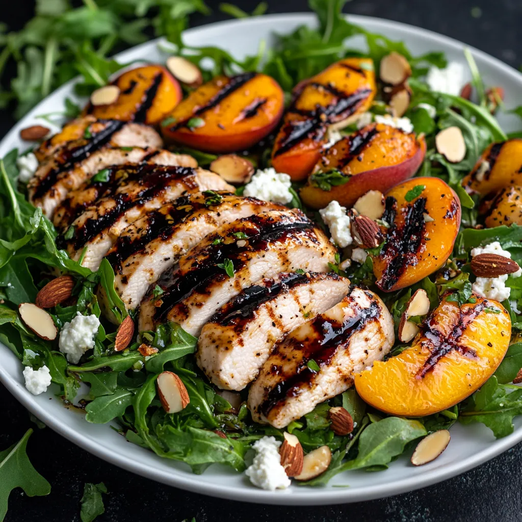 A plate of food with chicken, peaches, and greens.