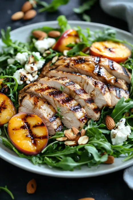 A plate of food with chicken, spinach, and fruit.
