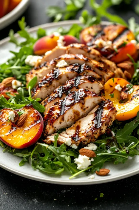 A plate of food with chicken, peppers, and greens.