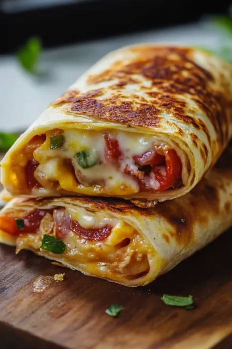 A burrito with cheese and tomatoes.