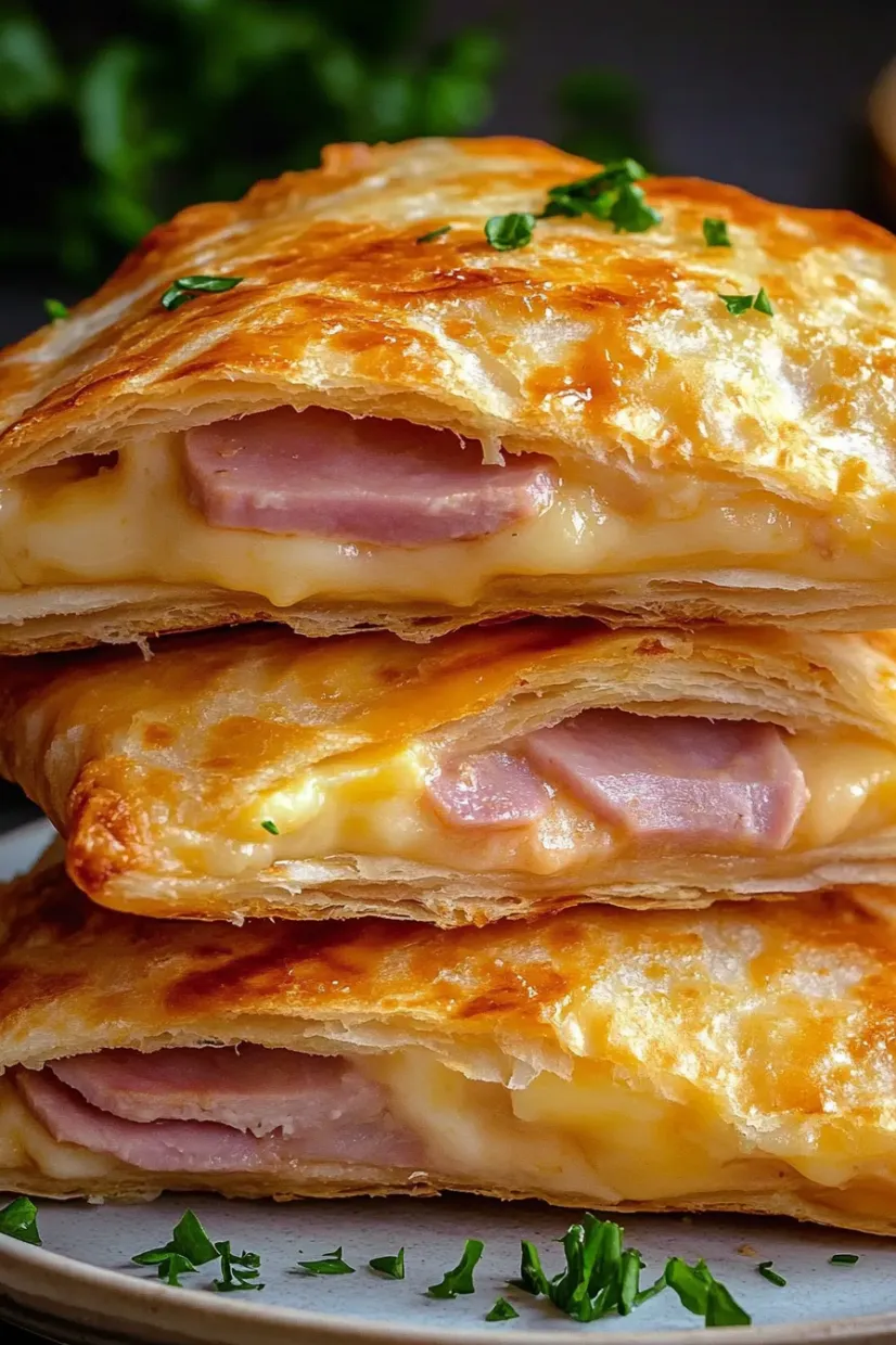 Three pieces of cheese and ham sandwiches.