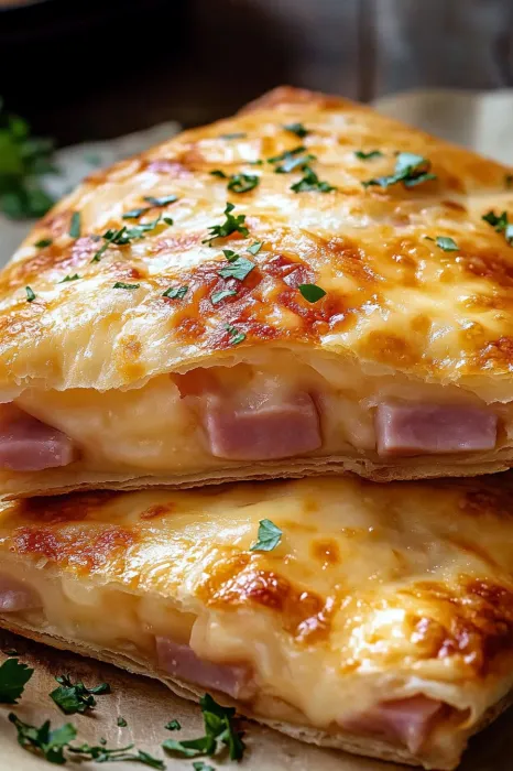 A slice of cheese and ham pizza.