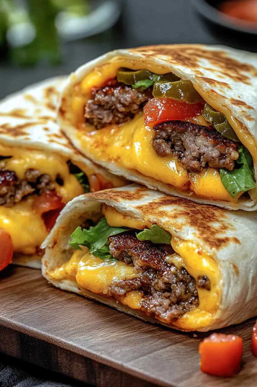 A burrito with meat and cheese.