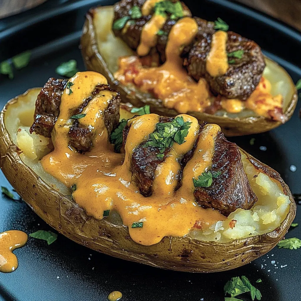 Two potatoes with meat and cheese on top.