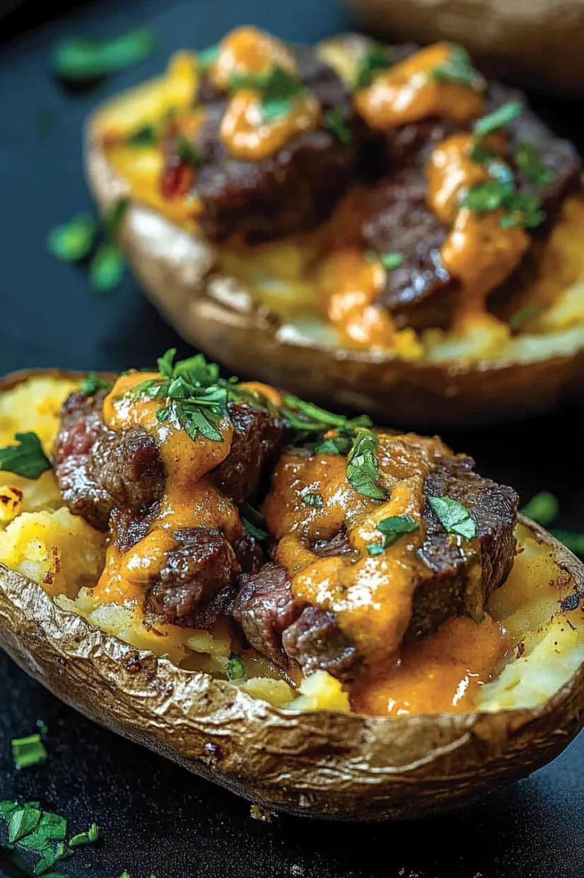 Two potatoes with meat and sauce.
