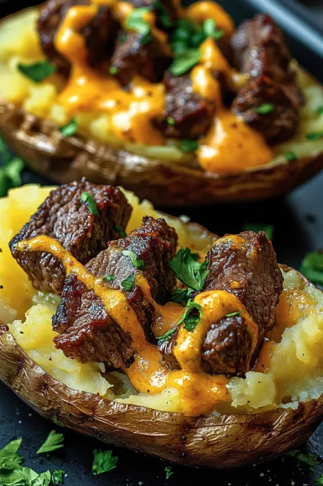 A close up of a steak in a baked potato.