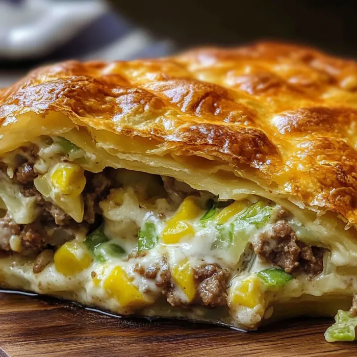 A slice of meat pie with corn and cheese.