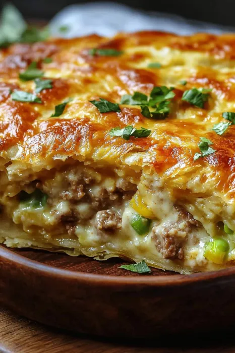 A slice of quiche with green peppers and meat.