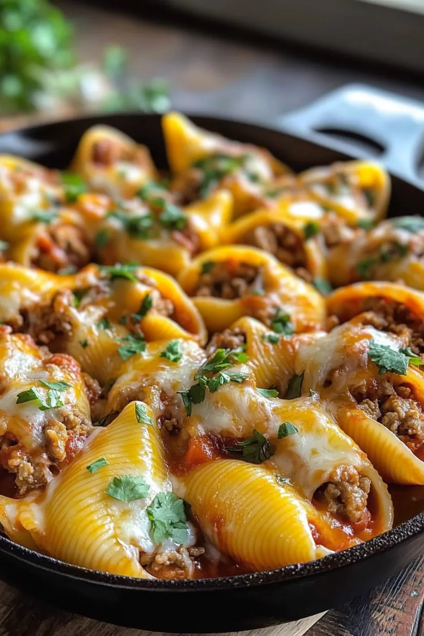 A pan of pasta with meat and cheese.