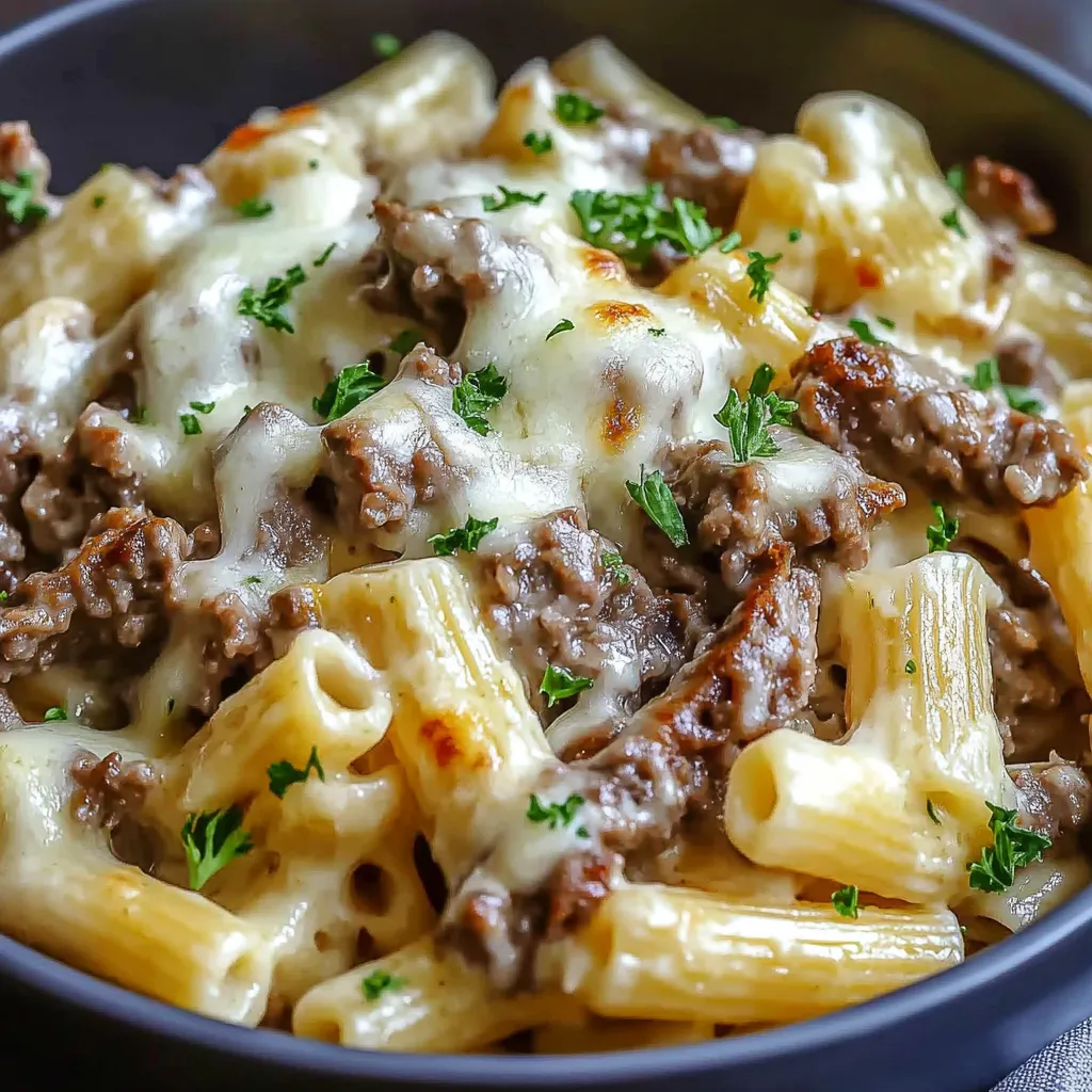A bowl of pasta with meat and cheese.