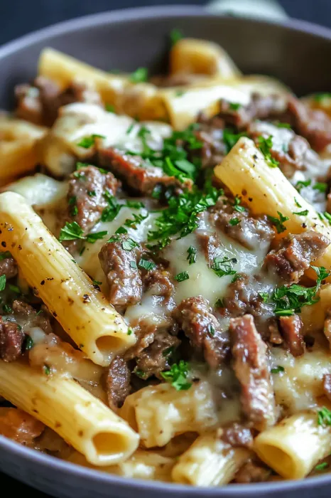 A plate of pasta with meat and cheese.