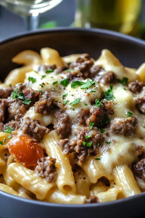 A bowl of pasta with meat and cheese.