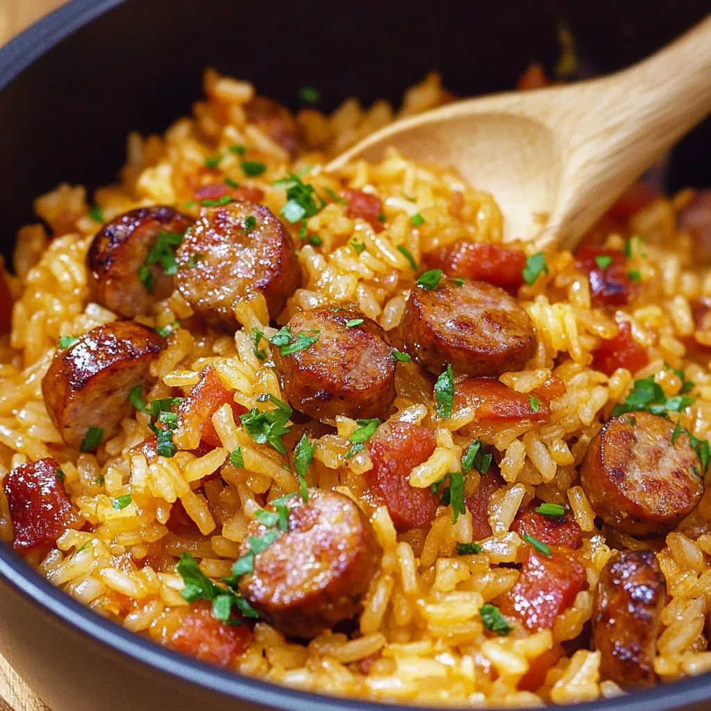 A bowl of rice with sausage and green onions.