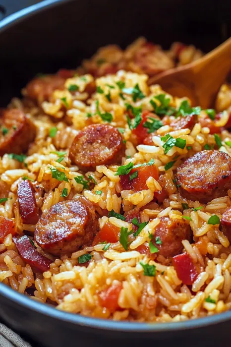 A bowl of rice with sausage and green onions.