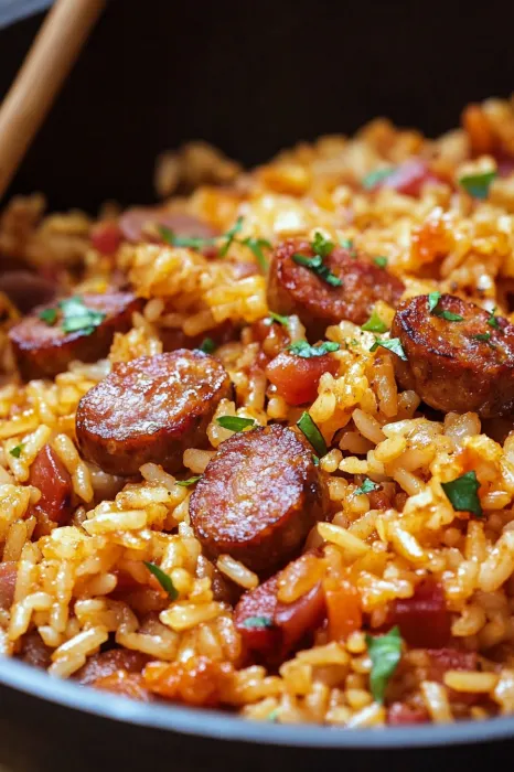 A bowl of rice with sausage and peppers.