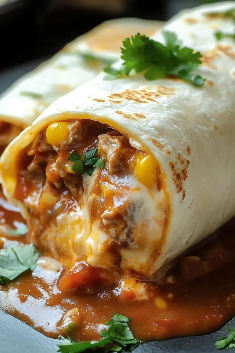 A burrito with meat and cheese.