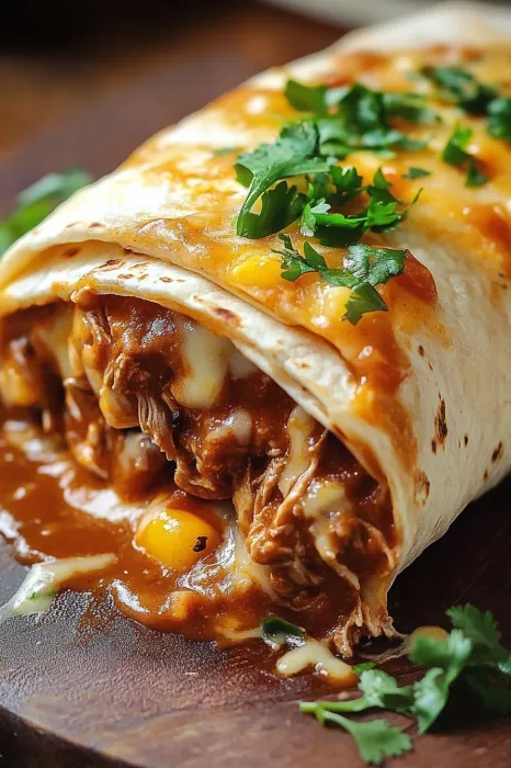 A burrito with meat and cheese.