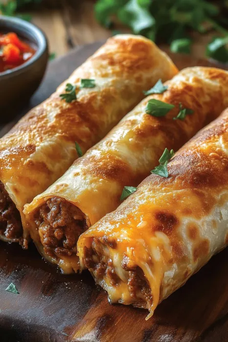 Two burritos with cheese and meat on a plate.
