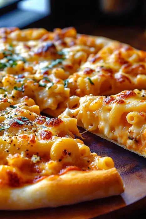 A slice of macaroni and cheese pizza.