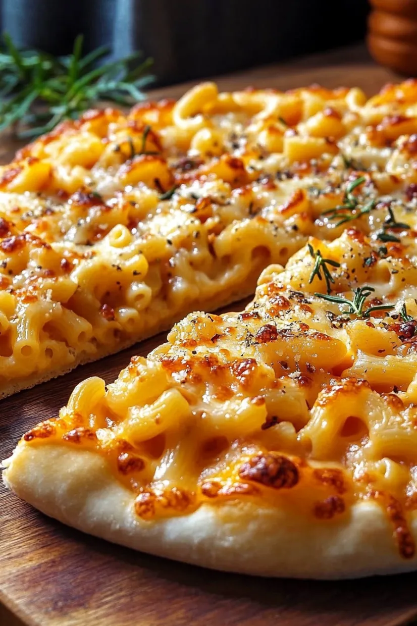A pizza with macaroni and cheese on it.