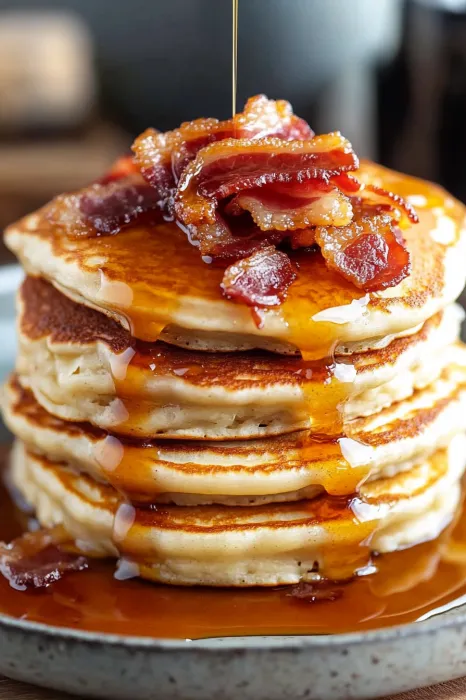Bacon and syrup on pancakes.