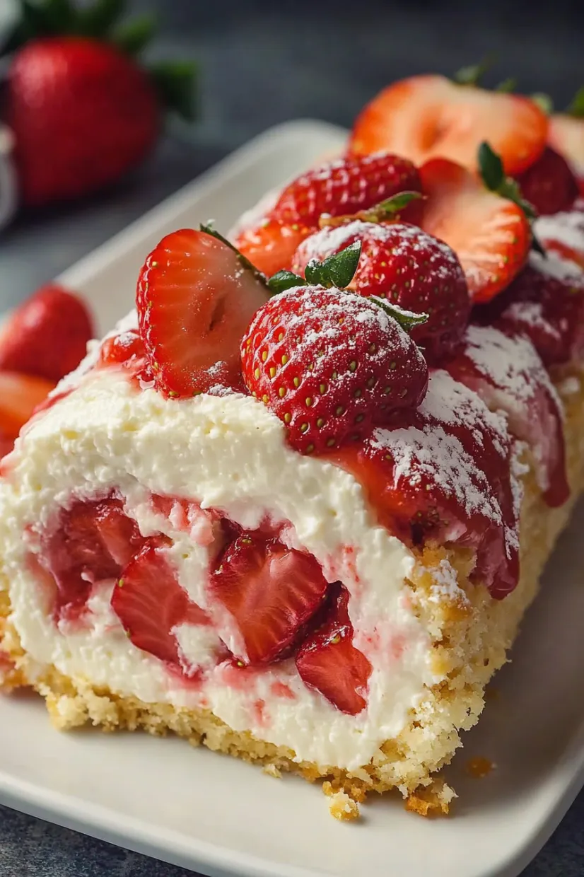 A slice of cake with strawberries on top.
