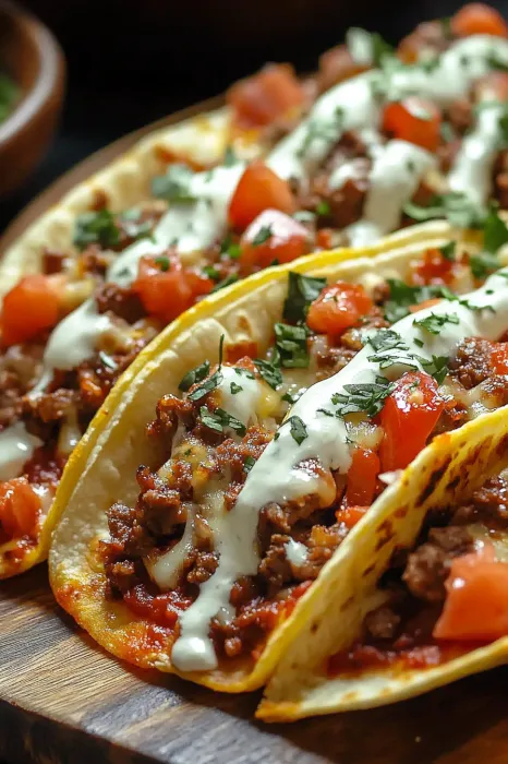 Two tacos with meat and cheese.