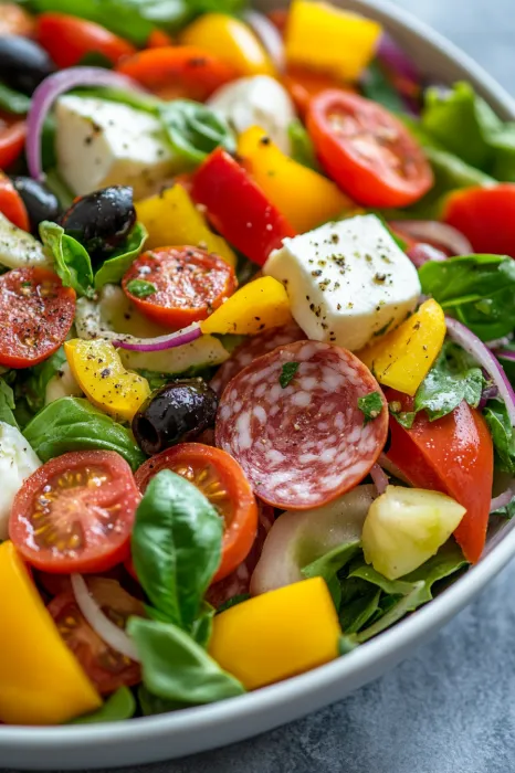 A salad with tomatoes, cucumbers, and cheese.