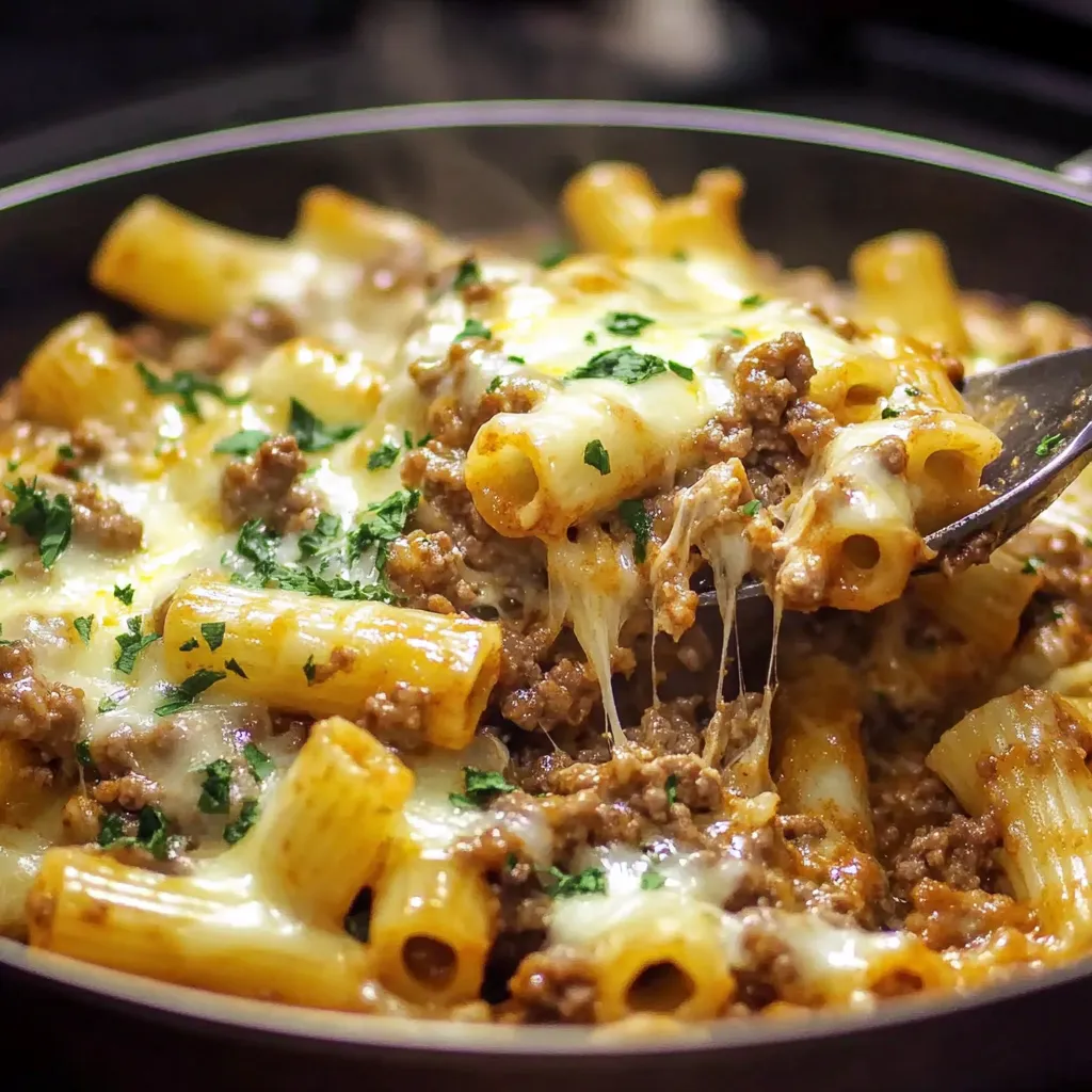 A bowl of pasta with meat and cheese.