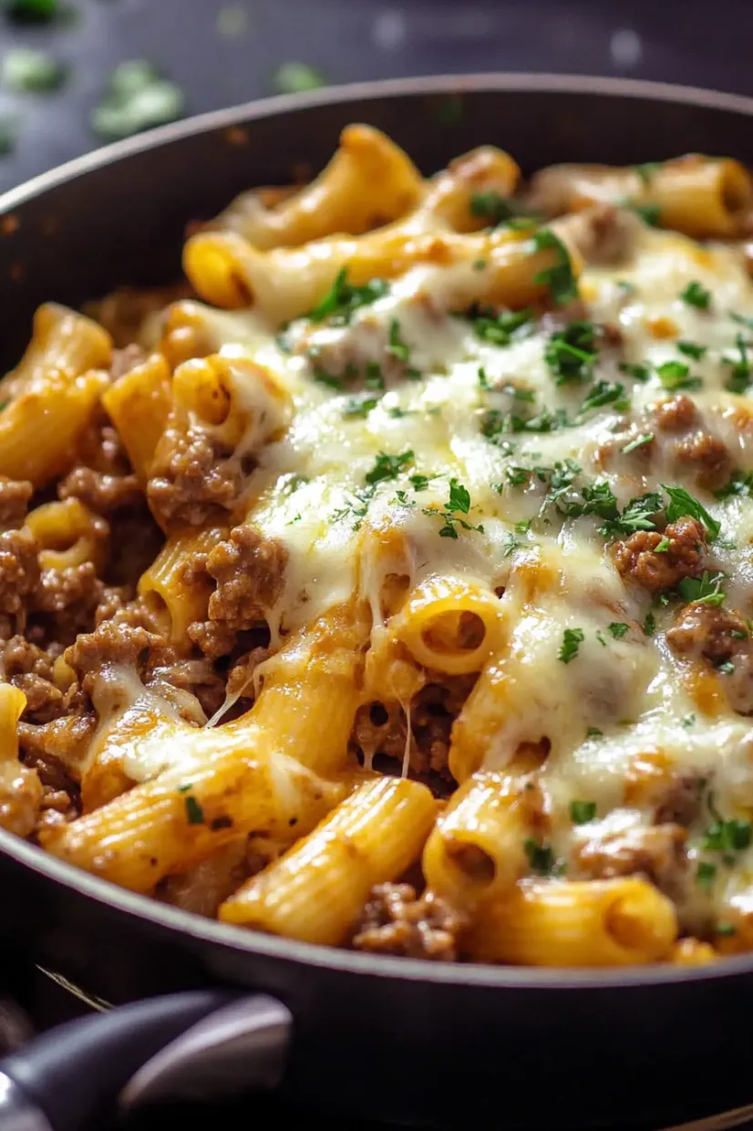 A bowl of pasta with meat and cheese.