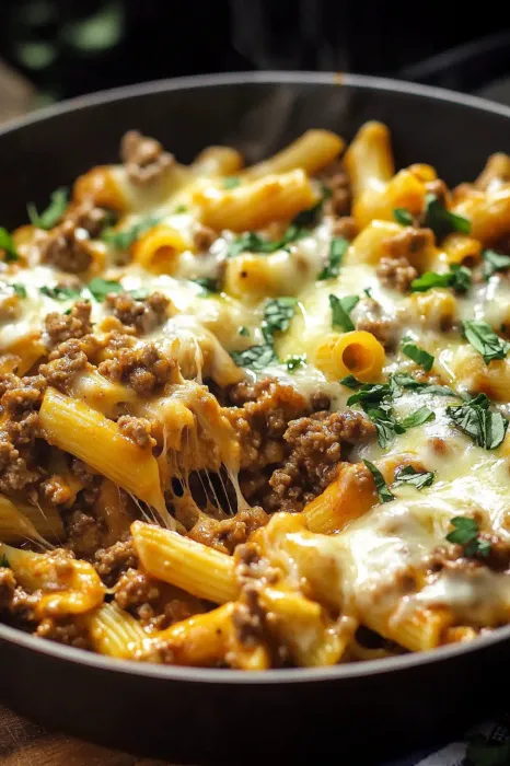 A bowl of pasta with meat and cheese.