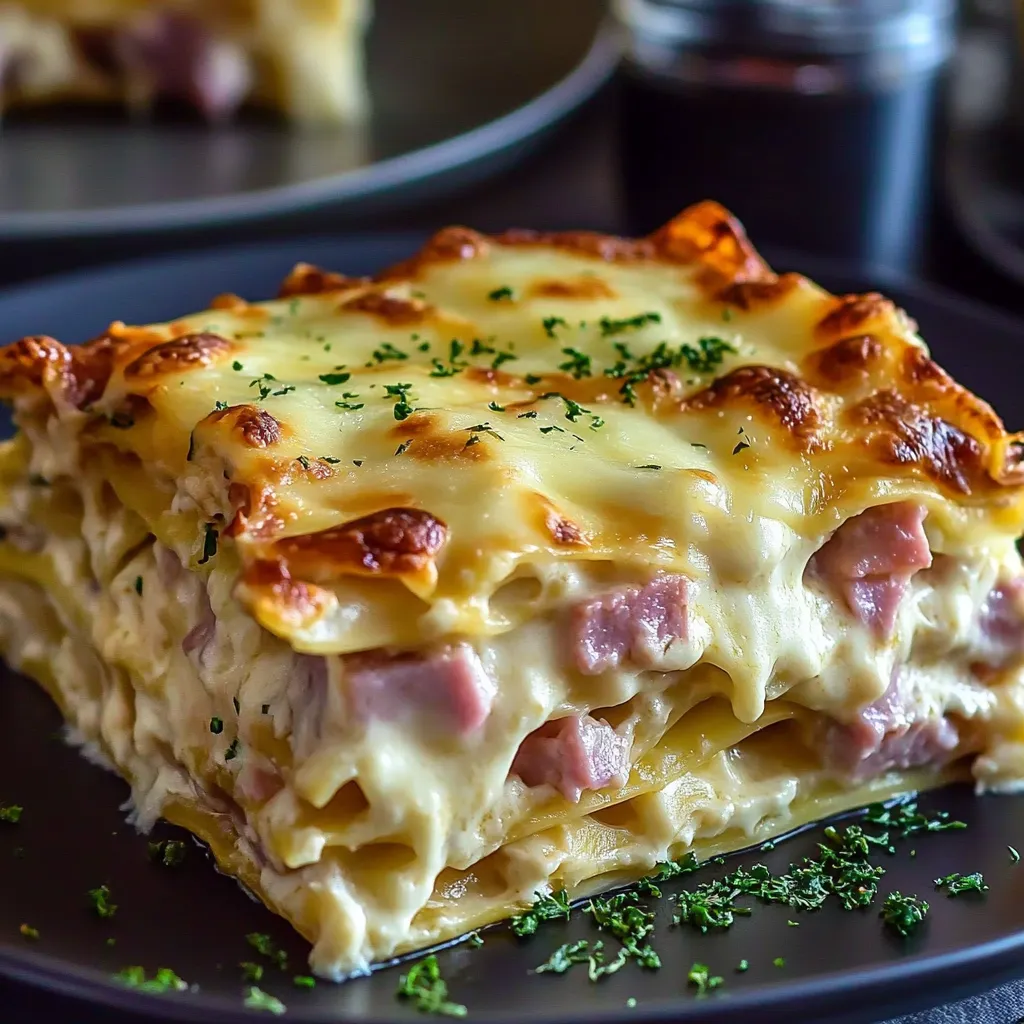 A slice of lasagna with cheese and ham.