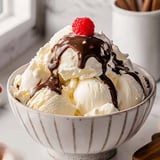 A bowl of ice cream with chocolate and raspberry toppings.