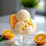 A bowl of ice cream with orange slices on top.