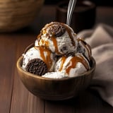 A bowl of ice cream with chocolate cookies.