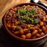 A bowl of beans with bacon and parsley.