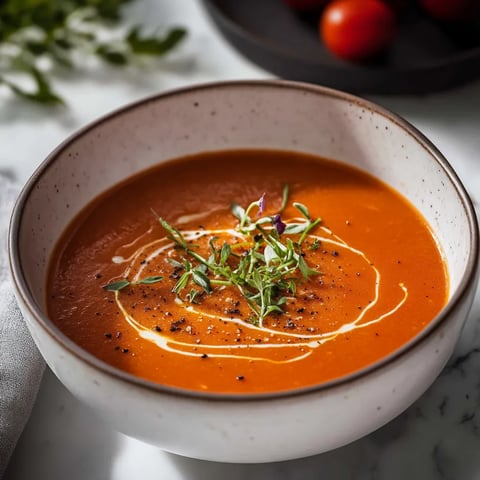 A bowl of soup with a sprig of parsley on top.