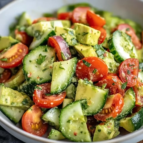 A bowl of vegetables including cucumbers, tomatoes, and avocado.