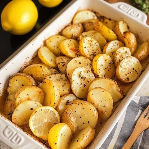 A white bowl filled with potatoes and lemon wedges.