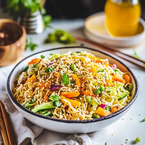 A bowl of noodles with vegetables.