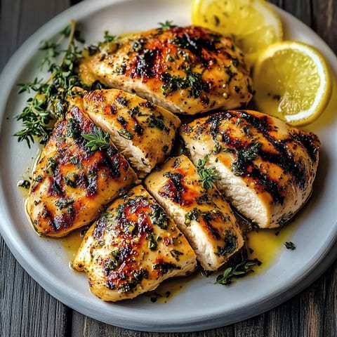 Chicken with lemon and herbs on a plate.