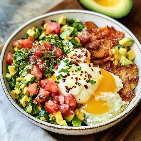 A bowl of food with eggs, bacon, tomatoes, and avocado.